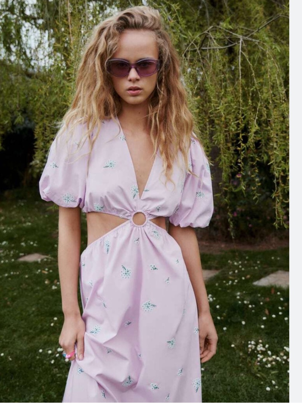 Zara Lilac Cutout Midi Dress with Puff Sleeves